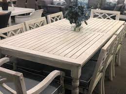hampton hardwood timber hamptons style 9 piece outdoor dining setting whitewash with grey cushions grey dining tables outdoor table settings outdoor dining set