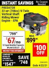 I bought a predator 212 hemi from harbor freight on february this year (2019). Predator 22 Hp 708cc V Twin Riding Mower Engine For 799 99 Harbor Freight Coupons