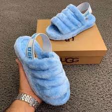 Light Blue Fur Ugg Slides Ugg Slippers Slippers Outfit Cute Uggs