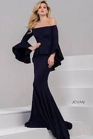 Jovani 47122 Navy Peplum Bell Sleeve Off The Shoulder Gown Evening Dresses With Sleeves Off Shoulder Mermaid Dress Glamorous Evening Dresses