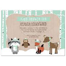 Winter Woodland Forest Animals Birch Tree Baby Shower Invitation Neutral This baby shower cake features a sculpted fox topper, hand painted water color moose, porcupine and raccoon, as well as fondant pine cones, acorns, and fall inspired leaves.