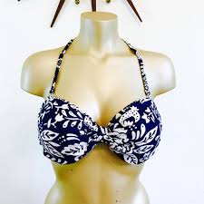 Catalina Bikini Top 60s Look Bikini Retro Tropical Print Vintage Bikini Top Retro Look Bikini Navy Blue White 1980s Does 1960s 34dd L