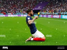 Frances Theo Hernandez celebrates his first-half goal against Morocco with  a knee slide in a World Cup semifinal football match at Al-Bayt Stadium in  Al Khor, Qatar, on Dec. 14, 2022. (Kyodo)==Kyodo
