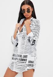 Black And White Long Sleeve Dress White Newspaper Print Long Sleeve Shirt Dress Missguided Dress Shirt Sleeves Mini Dress With Sleeves White Long Sleeve Mini Dress
