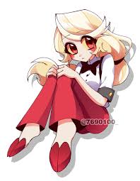 menattou, charlie morningstar, hazbin hotel, highres, 1girl, artist name,  barefoot, blonde hair, bow, bowtie, colored sclera, hands on own knees,  hooves, knees together feet apart, knees up, looking at viewer,  multicolored hair,