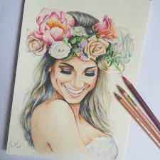 Flower Woman Flowerwrap Colored Pencils Drawing Romantic Wedding Drawings Color Pencil Sketch Pencil Drawings Of Animals