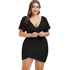 Plus Size Flare Sleeve Plunging Neck Mini Fitted Surplice Dress Black 3e83582619 Size L Plus Size Bodycon Dresses Plus Size Bodycon Neck Bodycon Dress