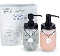 Mason Jar Soap Dispenser and Lotion Dispenser Set for Kitchen or Bathroom (2) with Tags (2) and Stainless-Steel Pumps (Black)
