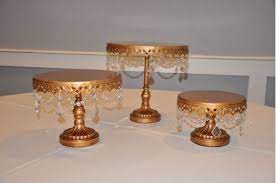 Vintage fenton 12 pink opalescent cake plate footed stand leaf pattern. Cake Stand Trio Pedestal Gold Linens And Events