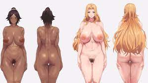 2girls aji (sakanaaj1) ass back bleach blonde hair blue eyes  blush breasts closed mouth collarbone completely nude dark-skinned female  dark skin duo female pubic hair from behind hair ornament