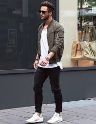 Black And White Pants Men Bomber Jacket In Khaki Long Fit Shirt Black Pants Slim Fit With White Shoes Bomberjacke Street Wear Urban White Jeans Men Mens Outfits
