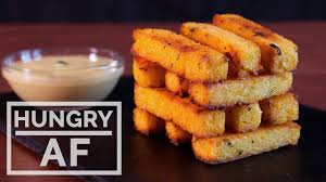 Italian polenta with rosemary, twice baked and finished with gran moravia cheese, served with honey & mustard dressing. Baked Polenta Fries With Garlic Aioli Hungry Af Youtube