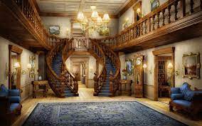 Chandelier Hall Art Light Bookcase Painting Salon Stairs Carpet Anime Scenery Mansions Anime Background