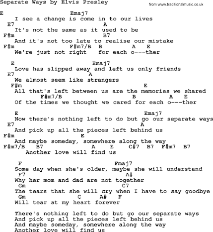 Separate Ways, by Elvis Presley - lyrics and chords