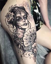 Dia De Los Muertos Portrait Tattoo Dia Los Muertos Portrait Skulltattoo Tattoo In 2020 Thigh Tattoos Women Thigh Tattoo Designs Skull Girl Tattoo
