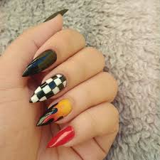 Black And White Flames Nails Checkerboard And Flames Nail Art Flame Nail Art Red Black Nails Fire Nails