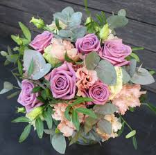 An arrangement of elegant white roses remains an classic favorite. Wedding Bouquet With Of Lilac Pink Roses Peachy Pink Eustoma Greenery I Husi Bloma Flower Delivery Shop Iceland