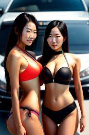 Lexica - Two sexy asian girls in bikini, bending back to camera, next to  black Subaru legacy bl5 , high definition, hdr, 4k, wide-angle, anime style,
