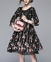 Kaimilan Black Pink Floral Embroidered Pom Pom Accent Shift Dress Women