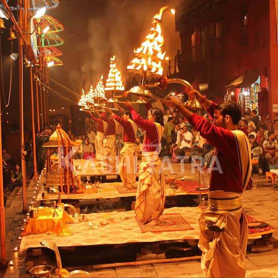 The Evening Ganga Aarti at Dashashwamedh Ghat, AI generated