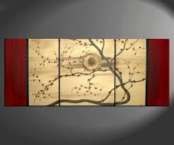 Original Zen Japanese Style Plum Blossom Painting Vibrant Modern Abstract Sunset Art Gold And Red Flowers Custom Plum Blossom Painting Flower Canvas Sunset Art