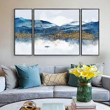 Set Of 3 Wall Art Gold And Blue Art Mountain Painting River Etsy Wall Art Pictures Mountain Paintings Canvas Painting