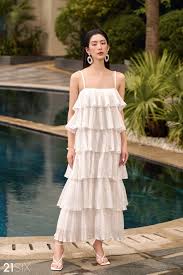 21SIX | V00695 - Váy maxi tơ cát 2 dây xếp nhún bèo nhiều tầng, đính kết  handmade
