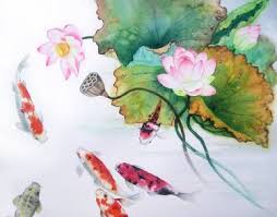 Purple water lilly blossom botanical image. Koi Fish And Lotus Flowers Watercolor Asian Art Painting By Olga Beliaeva Saatchi Art