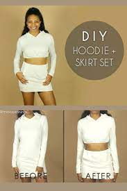 So to mix it up, and show off some layering, i turned it into a cropped sweatshirt by just cutting off the bottom hem. Turn An Oversized Hoodie Or Hold Hoodie Dress Into This Cute Diy Crop Top And Skirt Matching Set Diy Diy Fashion Clothing Diy Skirt Refashion Clothes