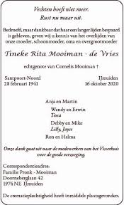 Zondag stierf de schrijver, dichter en muzikant 78 jaar oud in harderwijk. Overleden Tineke Rita Mooiman De Vries 28 02 1941 16 10 2020