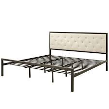 King Size Modern Metal Platform Bed Frame With Beige Upholstered Headboard Metal Platform Bed Upholstered Headboard Platform Bed Frame