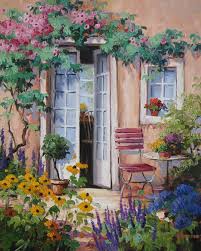 Sudliche Terrasse Mit Tisch Stuhl Und Terracottatopfen Durch Die Von Rosen U Pinturas Paisagens Belas Pinturas Flores Na Janela