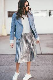 Silver Pleated Skirt A Blue Moto Jacket Metallic Skirt Outfit Fashion Stunning Outfits