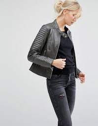 Buy It Now Barney S Originals Asymmetric Leather Biker Jacket With Quilted Shoulder Detail Grey Jacket By Barn Jackets Women S Coats Jackets Biker Jacket