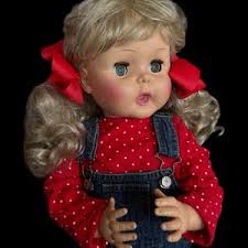 Adorable Horseman 1964 Child Size Toddler Girl Thirstee Walker W/doll  Dressed Red-t & Denim Overall Skirt W/bear 26 Inches