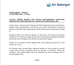 Gangguan bekalan air tidak berjadual dilapor berlaku di beberapa kawasan di kuala lumpur, petaling, klang, shah alam, kuala. Air Selangor On Twitter Siaran Media Status Terkini Insiden Paip Pecah Menyebabkan Gangguan Bekalan Air Tidak Berjadual Di Wilayah Klang Shah Alam Https T Co Qqimybwiac