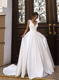 Elegant A Line V Neck Open Back White Satin Wedding Dresses With Train Simple Wedding Gown In 2021 Wedding Dresses Satin Wedding Dress With Pockets Wedding Dresses