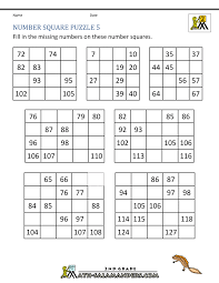 Math logic puzzle worksheets that require students to fill in missing values. Number Square Puzzles