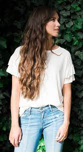 Ruffle Short Sleeve White Casual Light Jeans Long Haired Brunette Soft Natural Highlight Waves Long Hair Styles Hair Clothes Long Hair Care