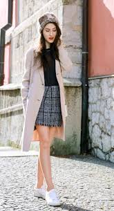 Black And White Checkered Mini Skirt Outfit How To Wear Sneakers And Mini Skirts In Winter Brunette From Wall Street Fashion Mini Skirts Boho Winter Outfits