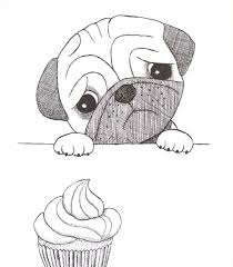 Mika Art Pug Ink Drawing Print Funny Cute Pug With Cupcake Pug Illustration Cute Cartoon Drawings Dog Illustration