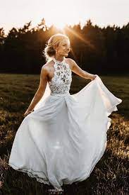 A Line Halter Lace Chiffon Long Beach Flowy Wedding Dress Ow377 Wedding Dress Chiffon Long Beach Wedding Dresses Long Wedding Dresses