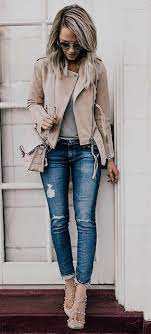 Street Style Beige Leather Jacket Denim And Studded Pumps Fashion Casual Outfits Cute Outfits