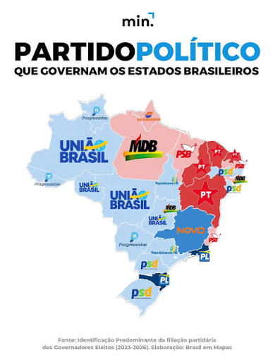 🗳️ Você sabe qual partido governa o seu estado? O mapa mostra como está  dividido o poder político no Brasil entre os governadores eleitos para o  mandato 2023–2026. 🟥 O PT concentra