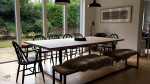 Modern wooden computer table with integrated keyboard shelf and metal legs, wood grain effect top with white edges, very stylish, sturdy yet compact, dimensions. Oak Dining Table