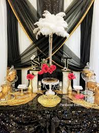 Great Gatsby Themed Dessert Table Black White And Gold With A Pop Of Red Designed By Par Excel Events Www Parex Themed Desserts Dessert Table Candy Display