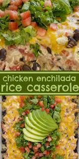 Chicken enchiladas with coriander, avocado and soured cream make for happy faces and full tummies! Chicken Enchilada Rice Casserole Is A Layered Dinner With Rice Black Beans And A Creamy Chicken Mixtur Enchilada Rice Spicy Recipes Chicken Recipes Casserole