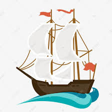 手绘卡通海浪上航线的帆船