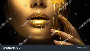 Gold Paint Smudges Drips Face Lips Stock Photo Edit Now 1253657209 Beautiful Model Girl Gold Paint Woman Face