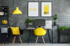 Office Area In Contemporary Interior With Yellow Decor And Modern Decor Gray Home Offices Contemporary Interior